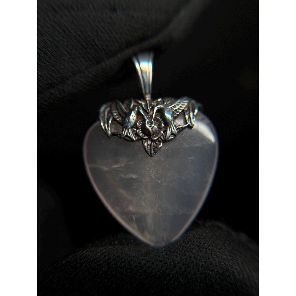 Sterling Silver Rose Quartz Heart Bird Rose Cap Pendant